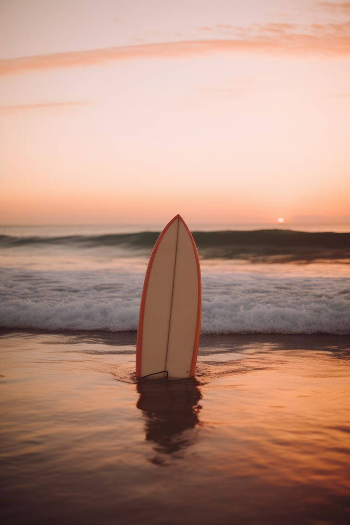 Orange and white surfboard standing on beach at sunset, created using generative ai technology - Free Images, Stock Photos and Pictures on Pikwizard.com