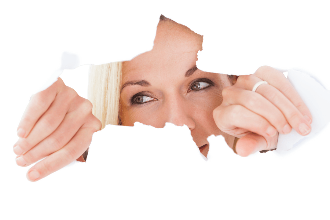 Blonde Woman Looking Curiously Through Torn Transparent Paper