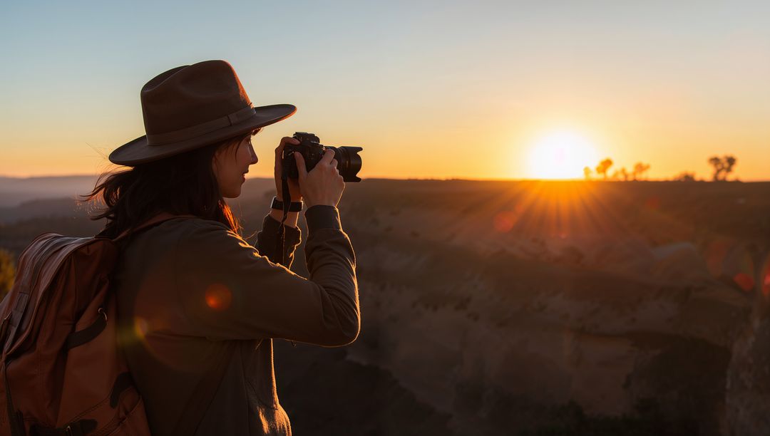 Photographer Capturing Canyon Sunset at Overlook with Wide-Brim Hat and Backpack