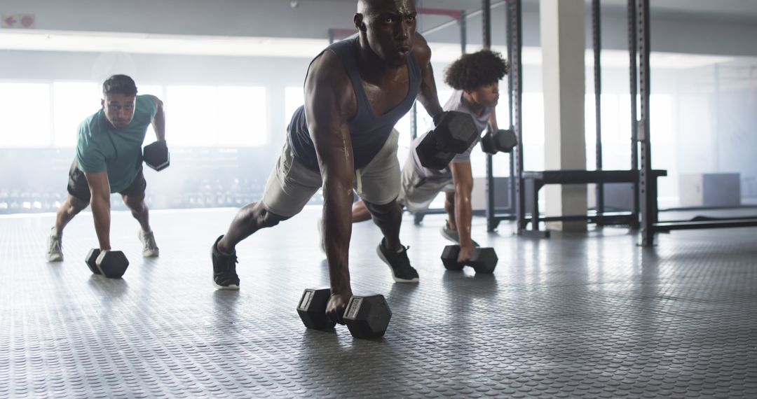 Group of Diverse Men Performing Push-Up Exercises with Dumbbells in Gym - Free Images, Stock Photos and Pictures on Pikwizard.com