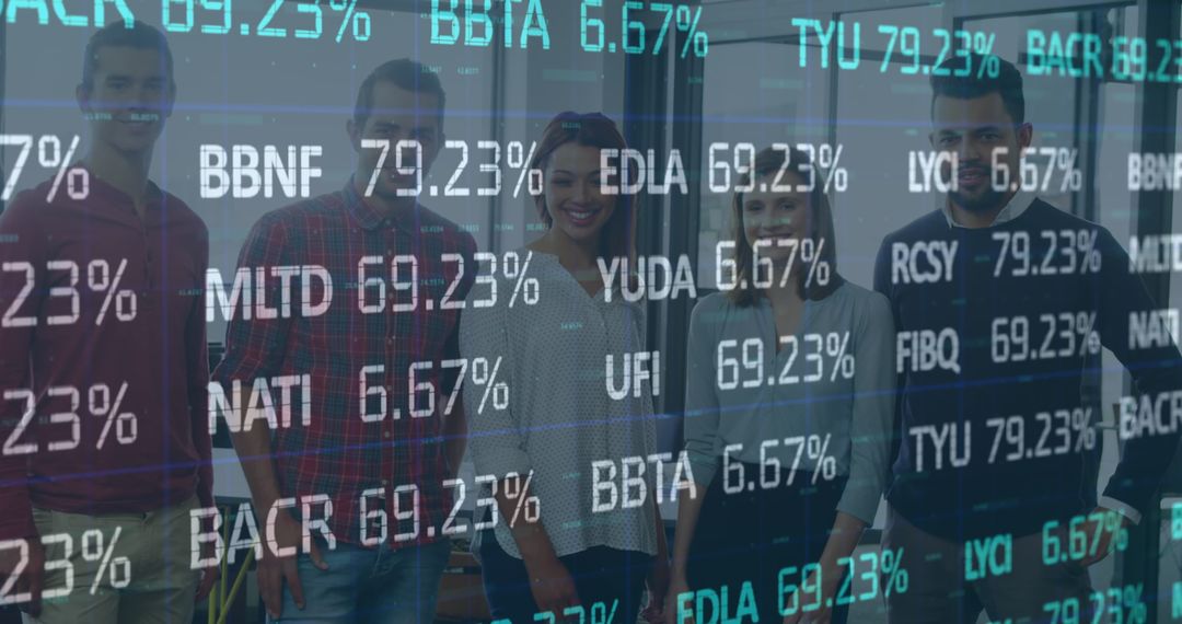 Financial Data Overlay with Team in Modern Office Setting