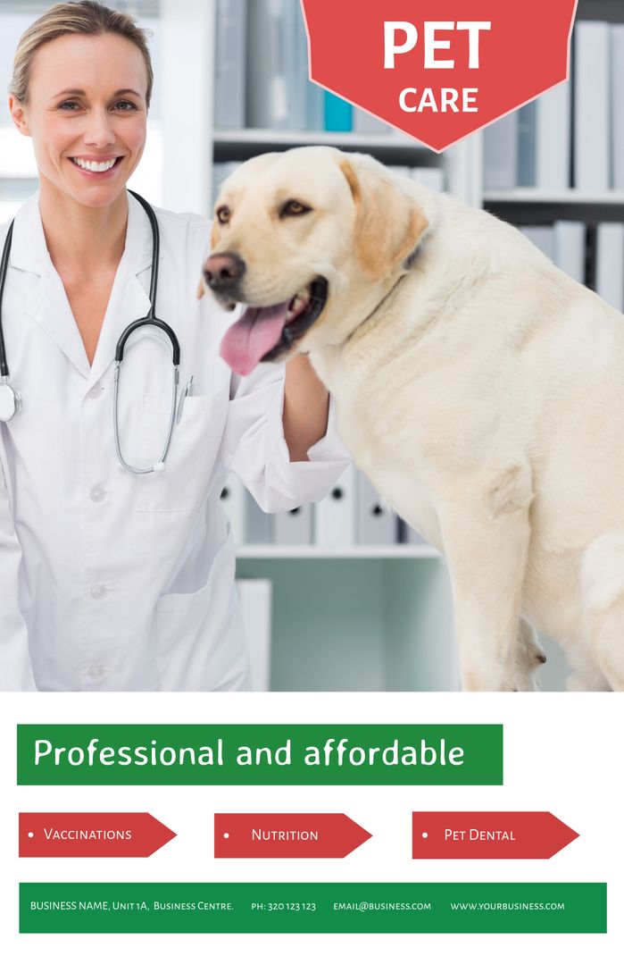 Smiling Veterinarian with Dog Promoting Professional Pet Care Services - Download Free Stock Templates Pikwizard.com