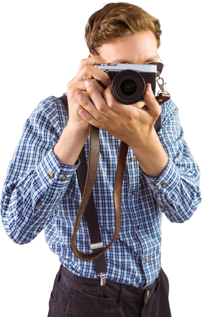 Transparent hipster photographing with retro camera in checked short sleeve shirt - Download Free Stock Images Pikwizard.com