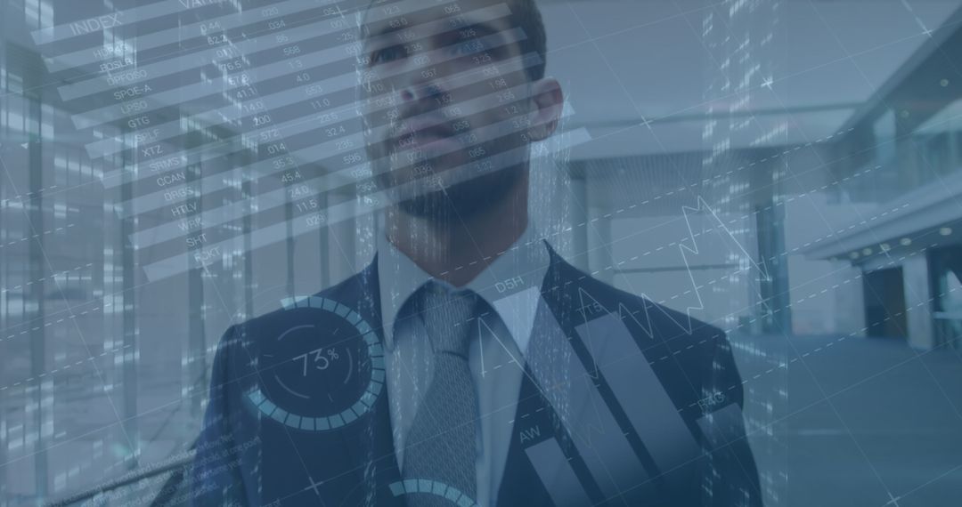 Businessman with Financial Data Overlay in Modern Office
