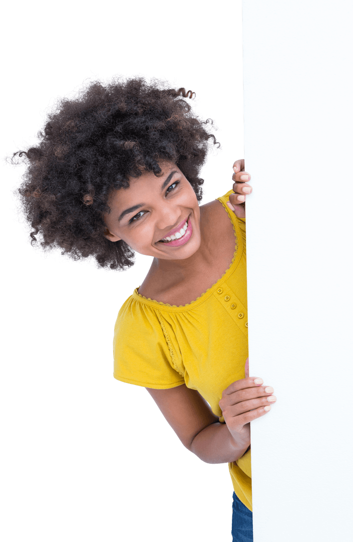 Laughing Person Peeking Around Blank Sign on Transparent Background