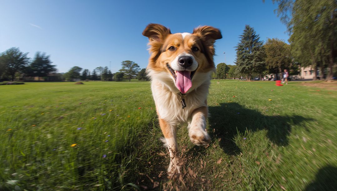 Playful Brown and White Dog Running Through Sunny Park