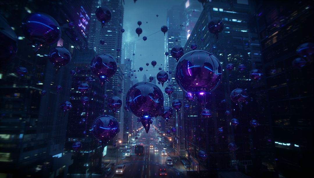Futuristic Cyberpunk Scene with Floating Neon Spheres