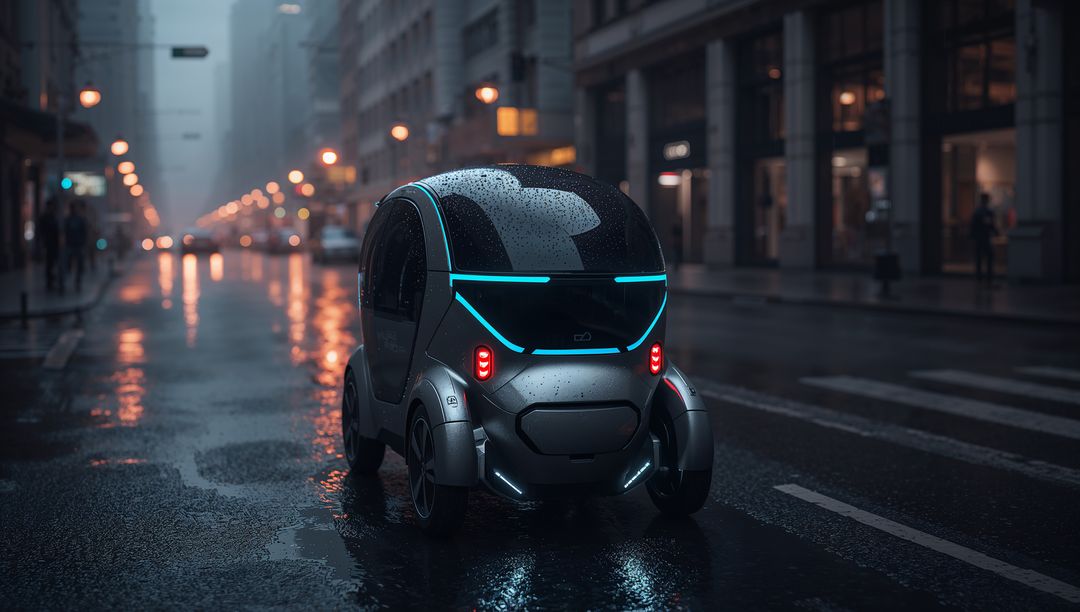 Futuristic Autonomous Microcar Gliding Through Rainy Downtown at Dusk with Neon Accents