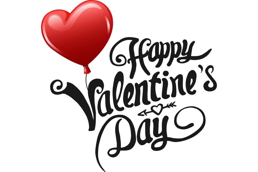 Happy Valentine's Day Text with Heart Balloon on Transparent Background