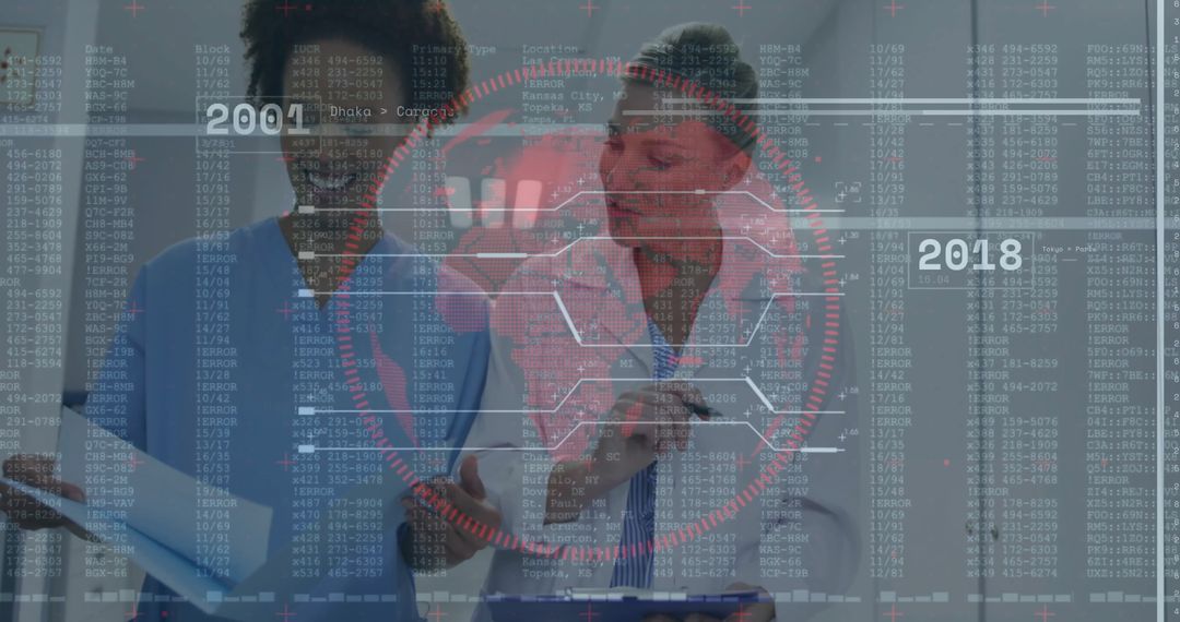Healthcare Professionals Analyzing Data with Timeline Overlay