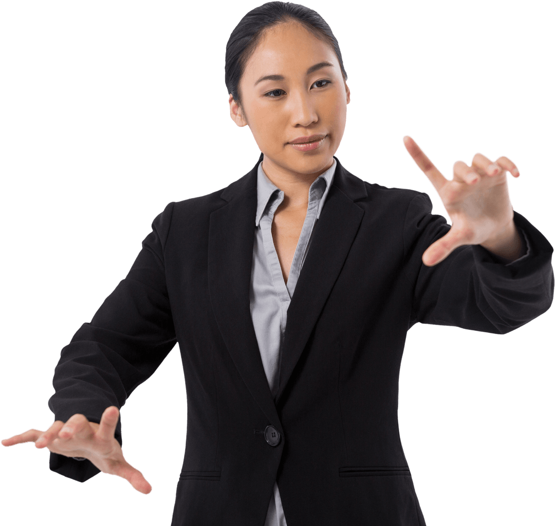 Businesswoman Interactively Engaging with Transparent Virtual Interface