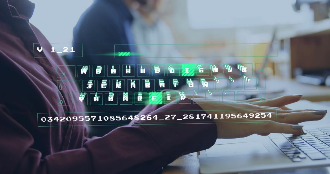 Abstract Data Interface with Businesswoman Typing on Laptop