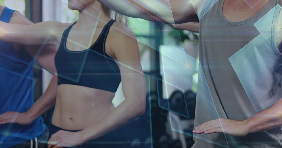 People Exercising in Gym with Futuristic Digital Overlays