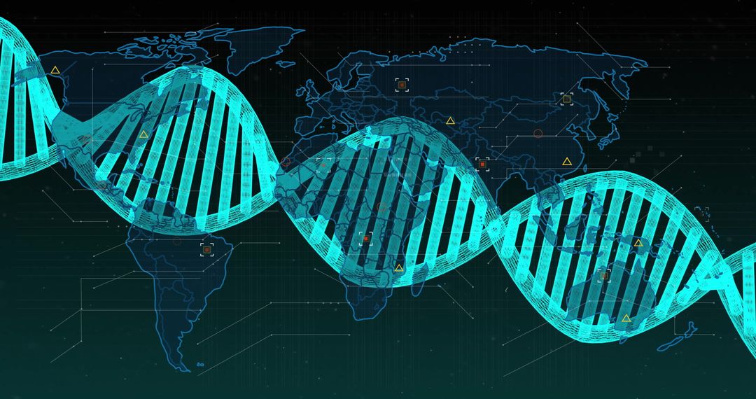 Futuristic DNA Strand Over Digital World Map Background