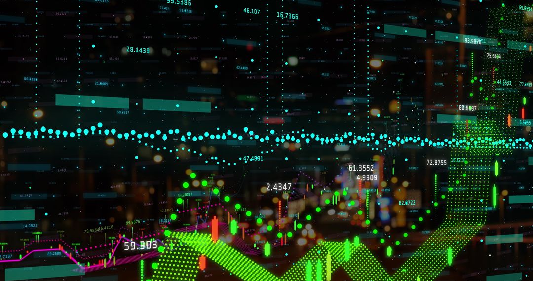 Digital Financial Data Overlay Cityscape Showing Global Connections