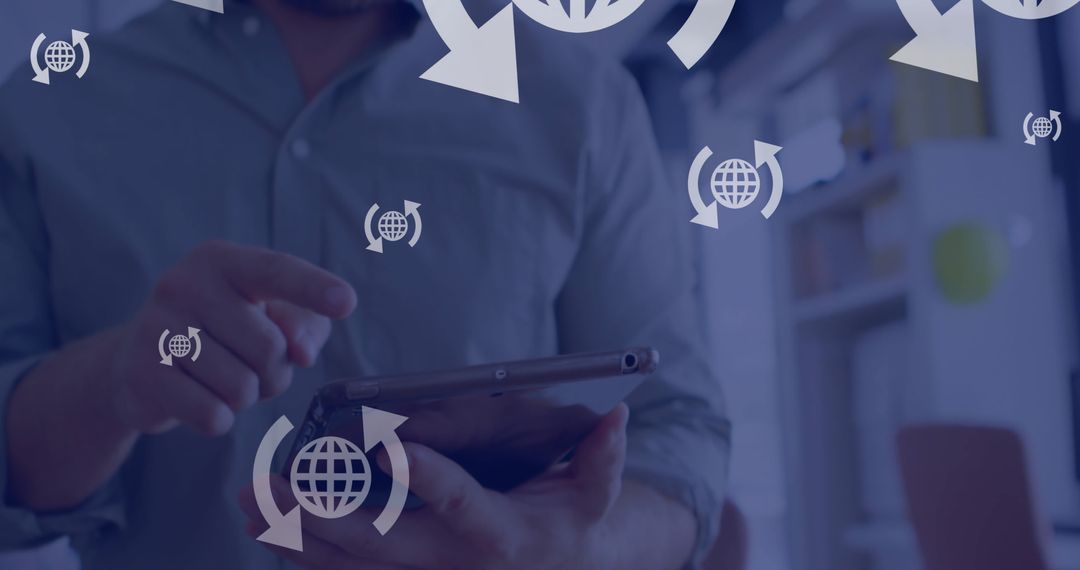 Caucasian Businessman Using Tablet with Global Icons Overlay