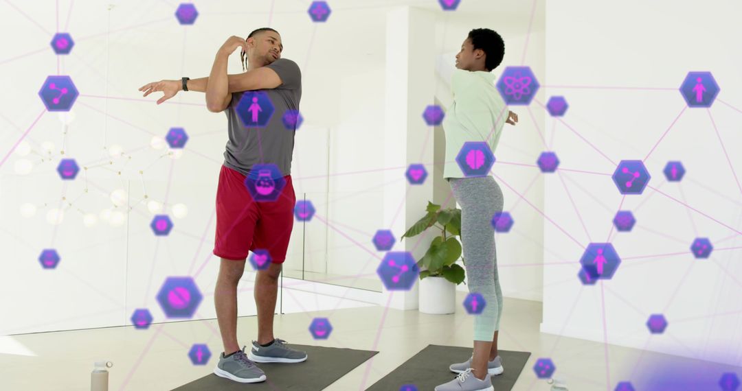 Partners Stretching on Mats with Augmented Reality Fitness HUD, Home Workout Technology