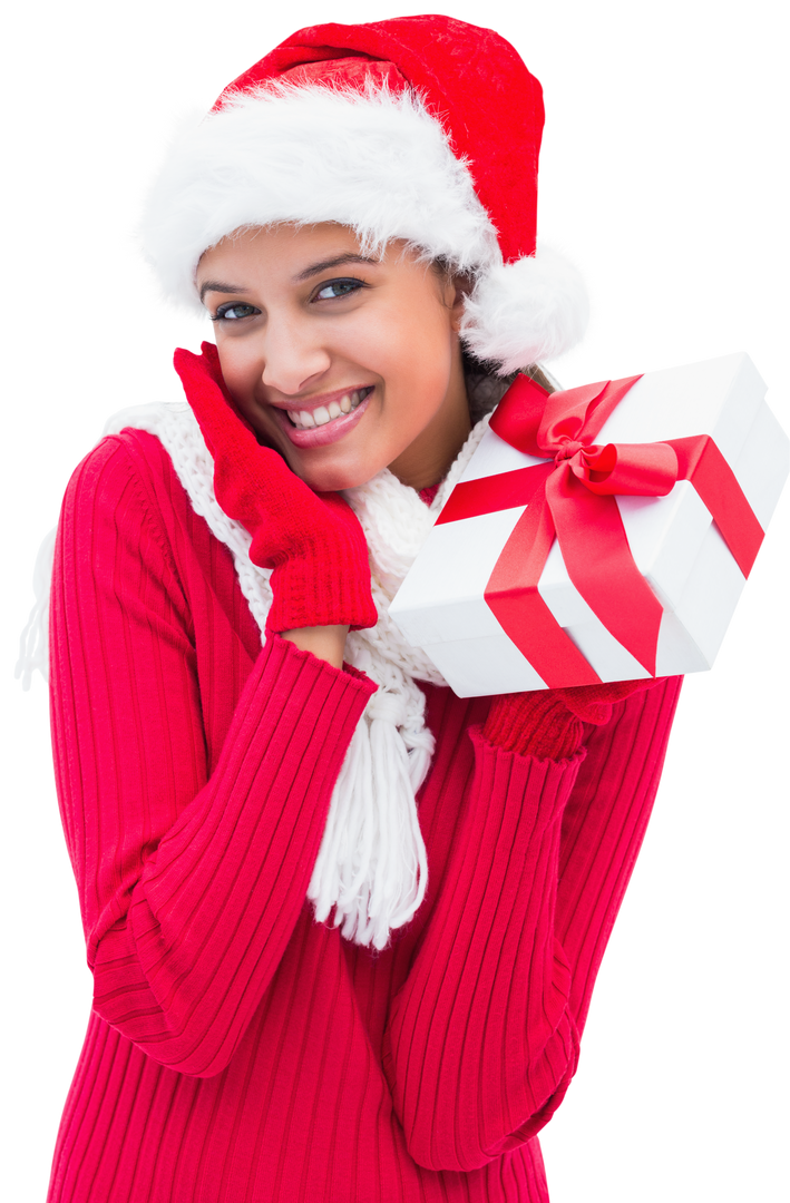 Happy Woman with Santa Hat Holding Gift Isolated on Transparent Background - Download Free Stock Images Pikwizard.com