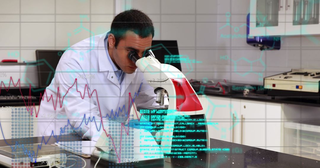 Scientist Processing Data with Microscope in Laboratory