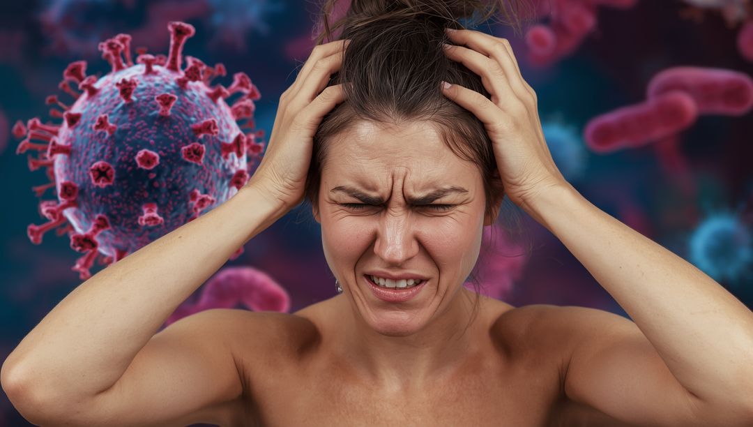 Woman Experiencing Distress with Floating Viruses and Bacteria in Background