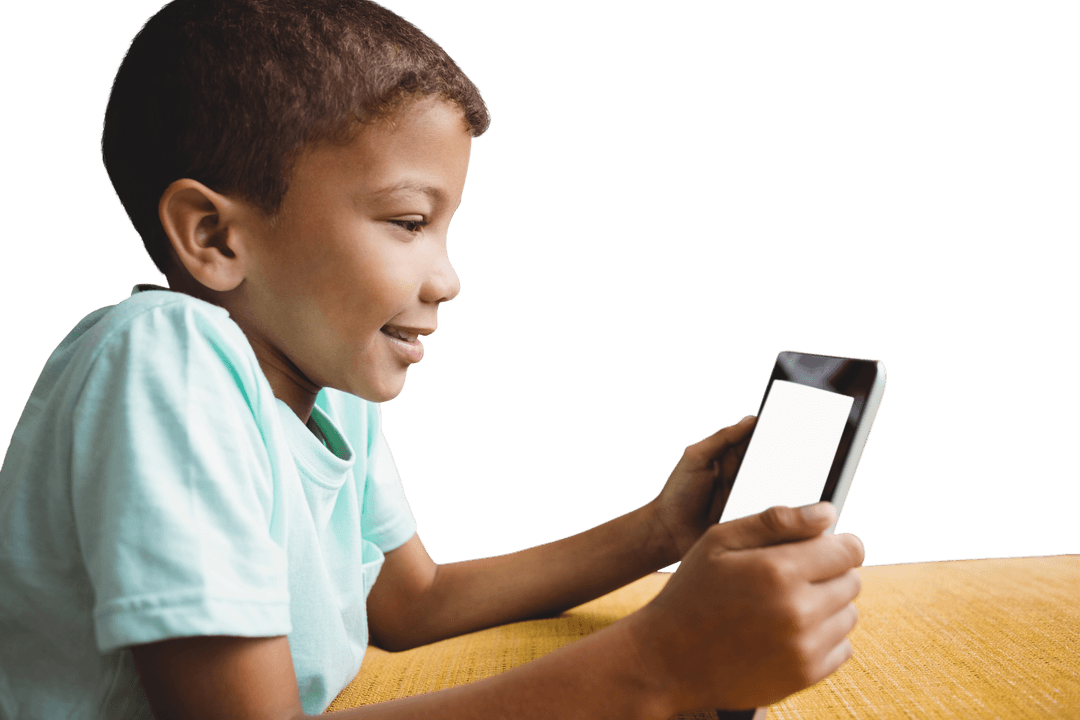 Young Boy Enthralled with Transparent Smartphone Display