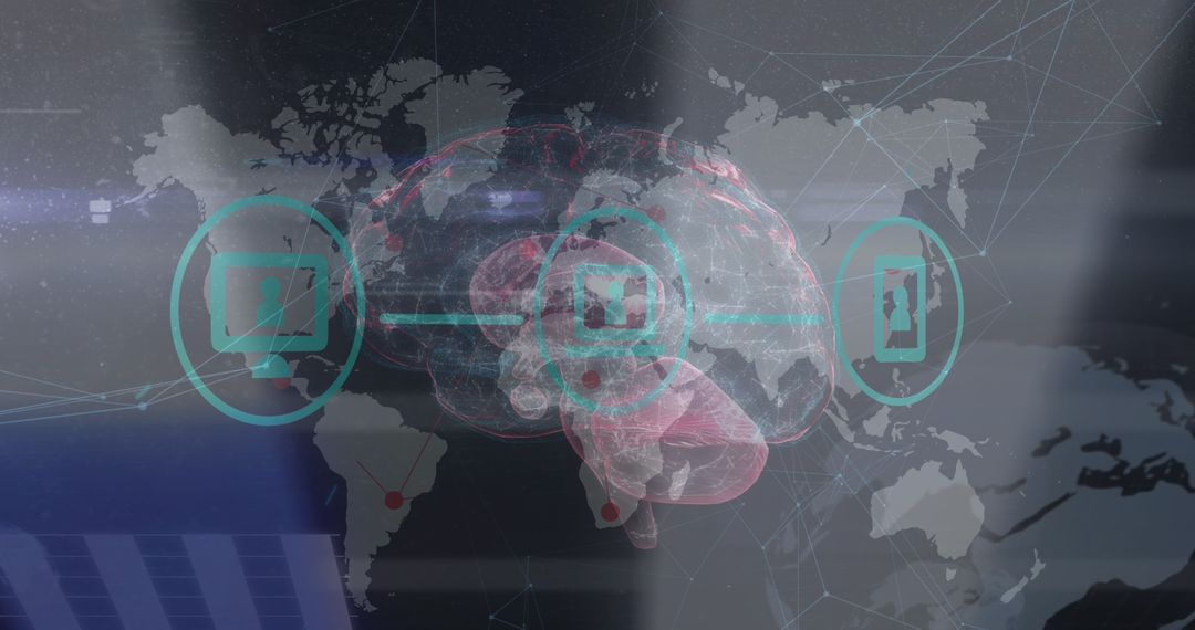 Digital Brain Over World Map Illustrating Global Network