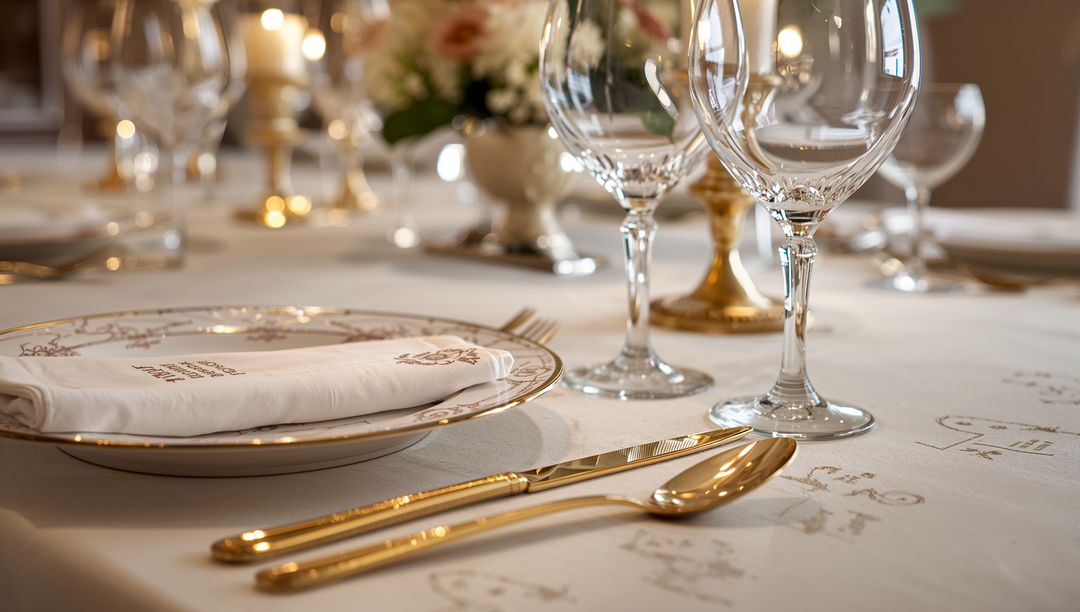Elegant gold-accent formal table featuring crystal stemware, fine china, candlelit ambience