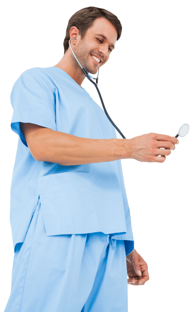 Smiling Surgeon Using Stethoscope in Light Blue Scrubs on Transparent Background