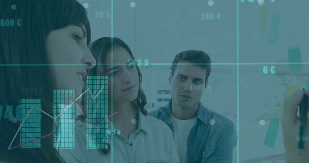 Team Analyzing Data with Interactive Whiteboard in Office