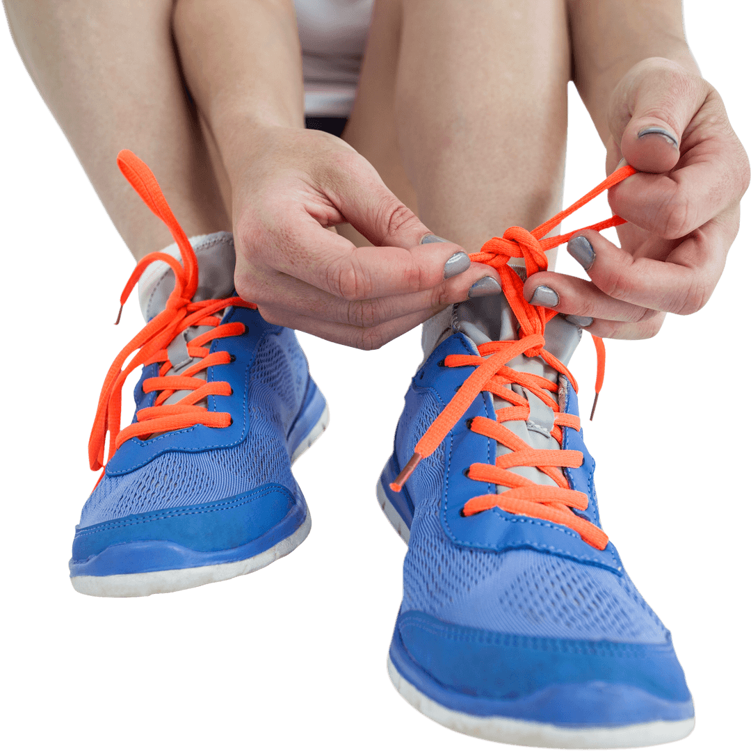 Athlete Tying Blue Running Shoes with Neon Laces Transparent Background