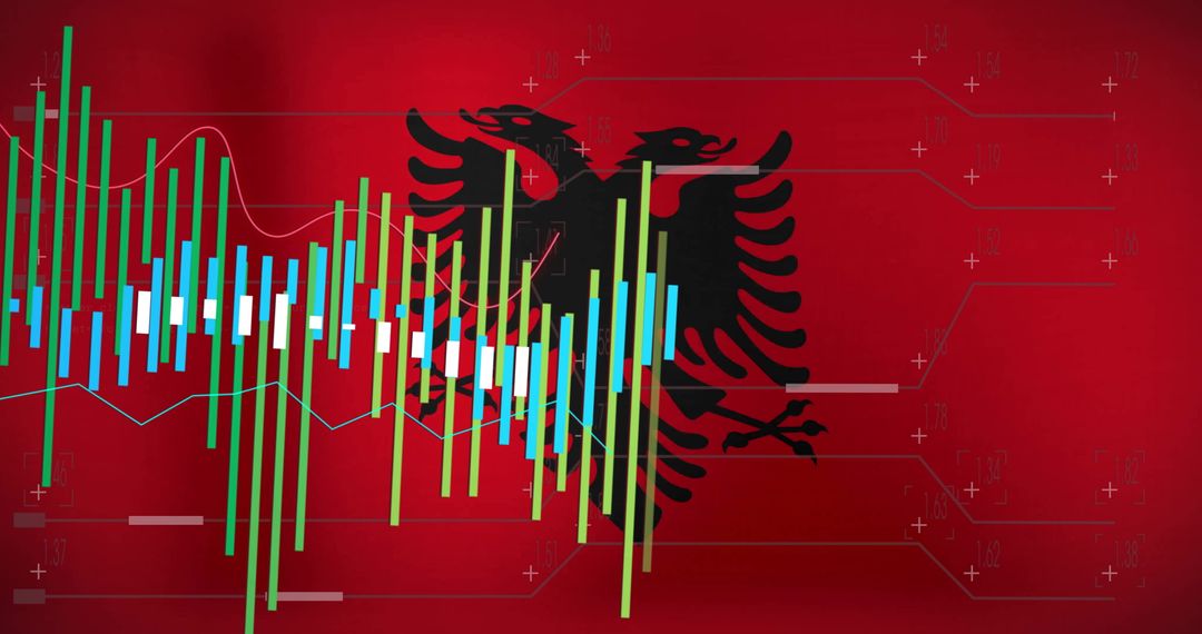 Albanian Flag with Digital Financial Data Visualization on Circuit Design