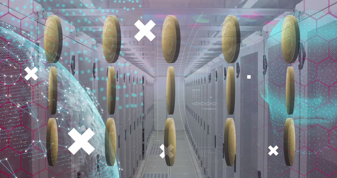 Crypto Coins Floating Above Data Servers Symbolizing Digital Currency & NFT