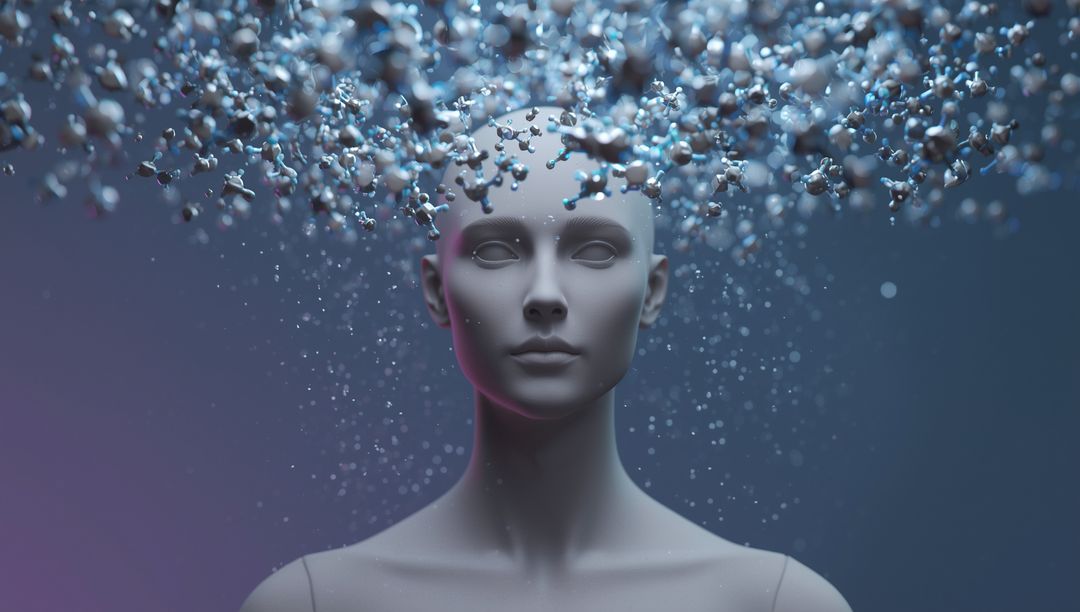 Futuristic Digital Mannequin with Floating Molecular Structures