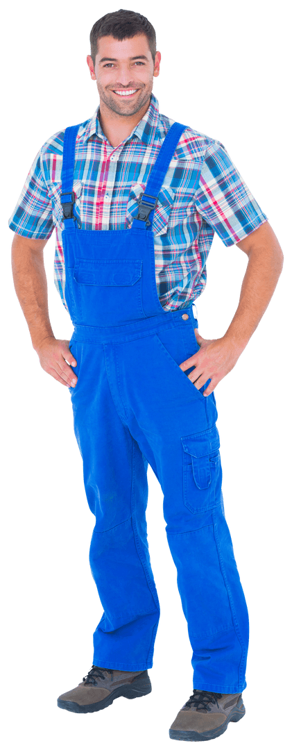 Happy Repairman in Blue Overalls Standing Confidently Transparent