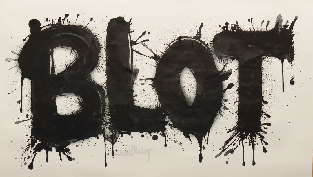BLOT typography featuring bold black ink splatters and dripping brushwork on cream paper