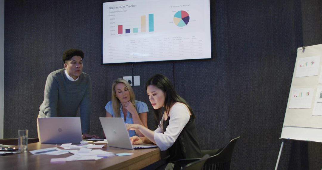 Three-person team reviewing sales analytics on laptops and monitor in modern boardroom