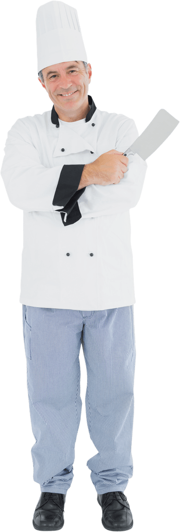 Smiling Chef Holding Meat Cleaver Transparent Background Full Body