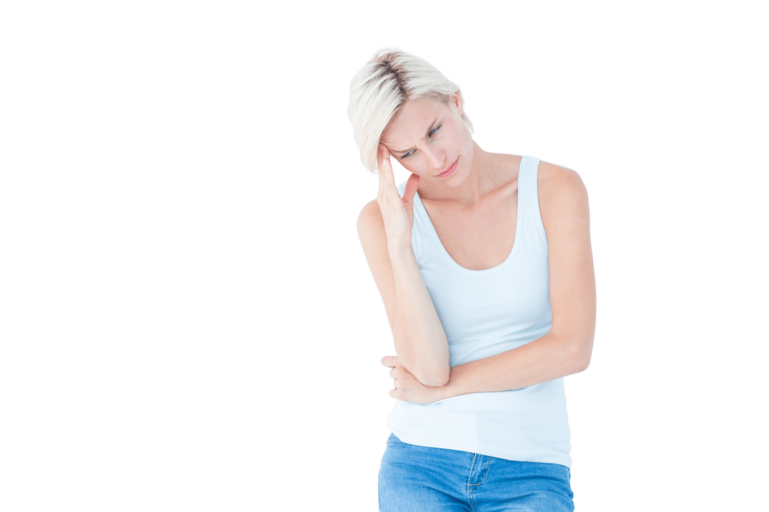 Transparent Woman Experiencing Headache With Hand On Temple