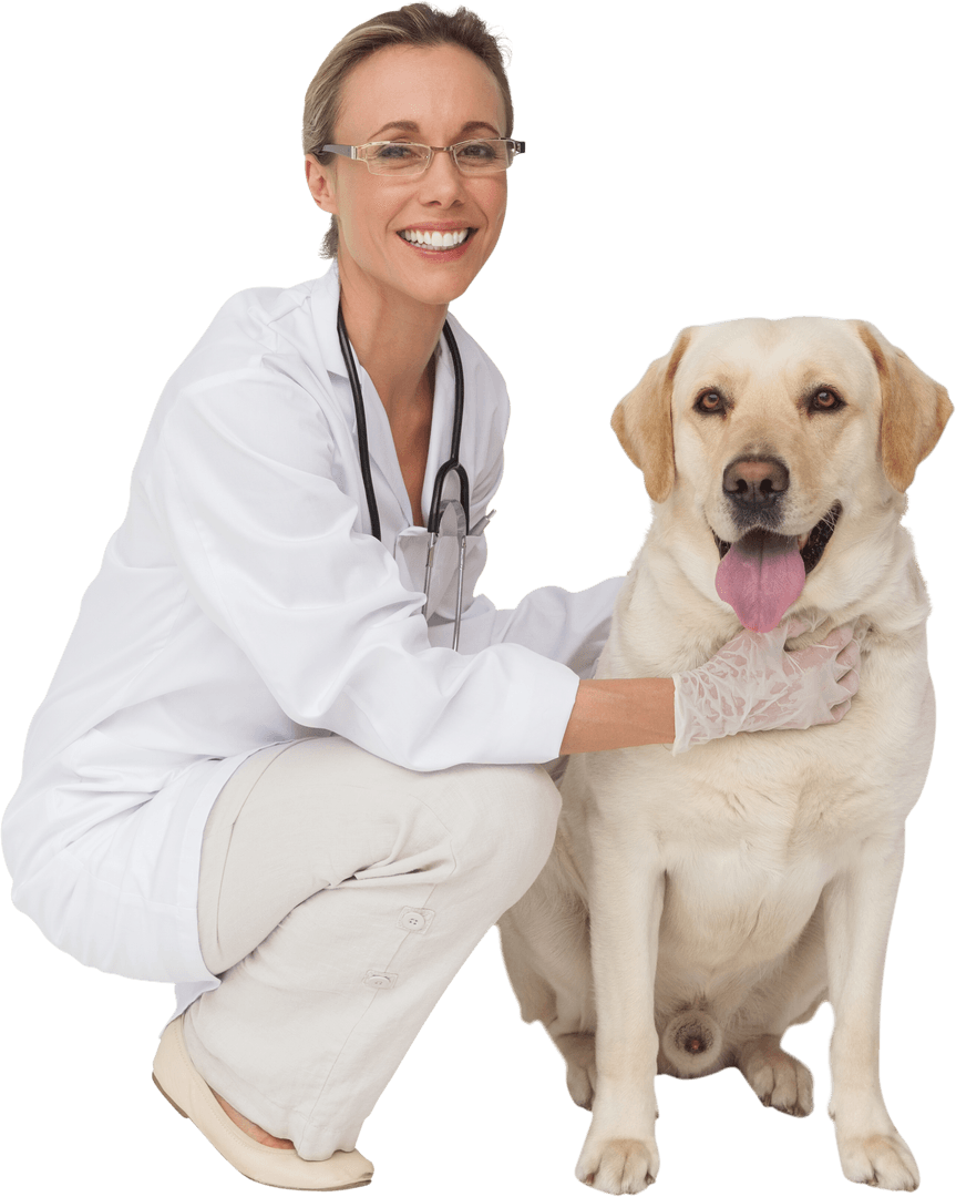 Transparent Smiling Veterinarian with Loyal Yellow Labrador Dog