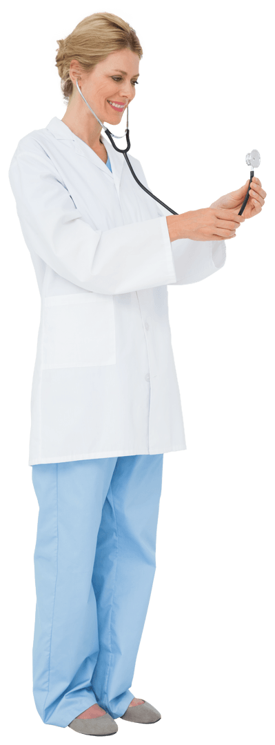 Transparent Image of Female Doctor Using Stethoscope on White Background