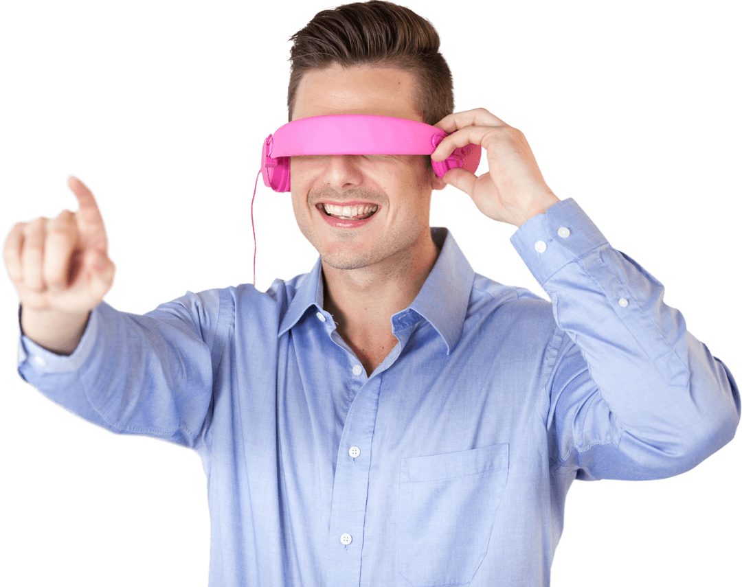 Happy Man Using Transparent Virtual Reality Headset