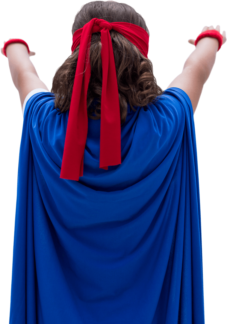 Transparent Child in Superhero Costume Raising Arms in Confidence