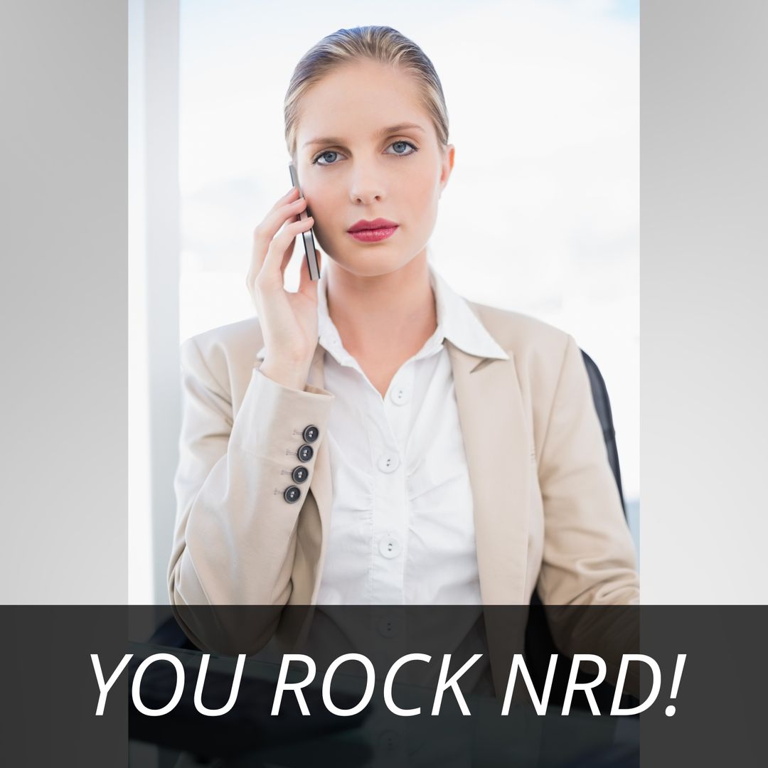 Confident Businesswoman Talking on Phone with 'You Rock NRD' Message - Download Free Stock Templates Pikwizard.com