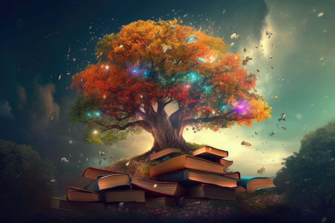 Books with tree over colourful light spots and landscape, created using generative ai technology - Free Images, Stock Photos and Pictures on Pikwizard.com