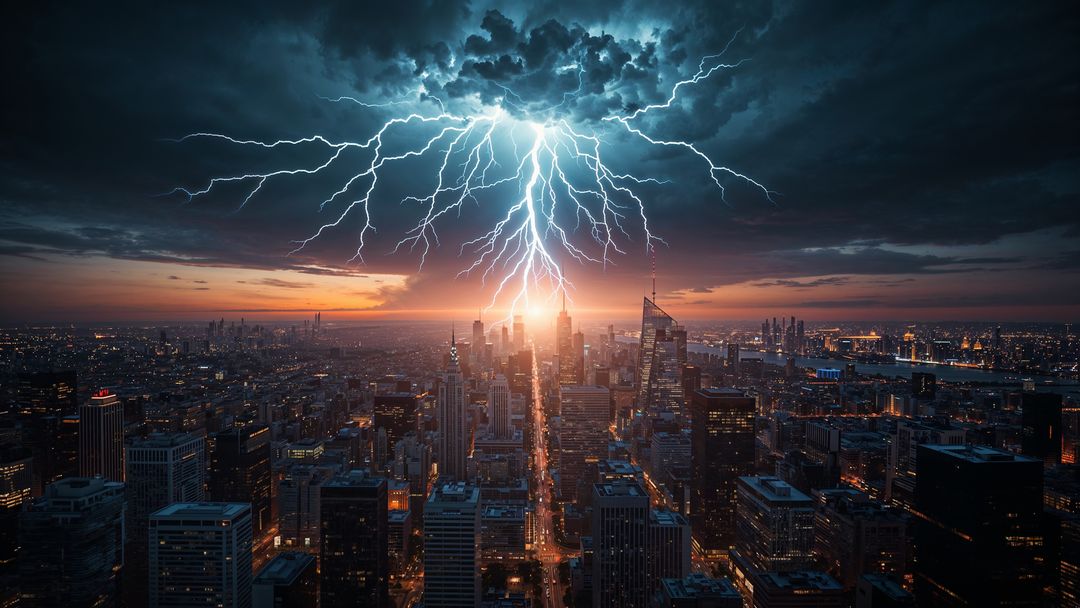 Dramatic Lightning Over Cityscape at Dusk Capturing Intense Energy