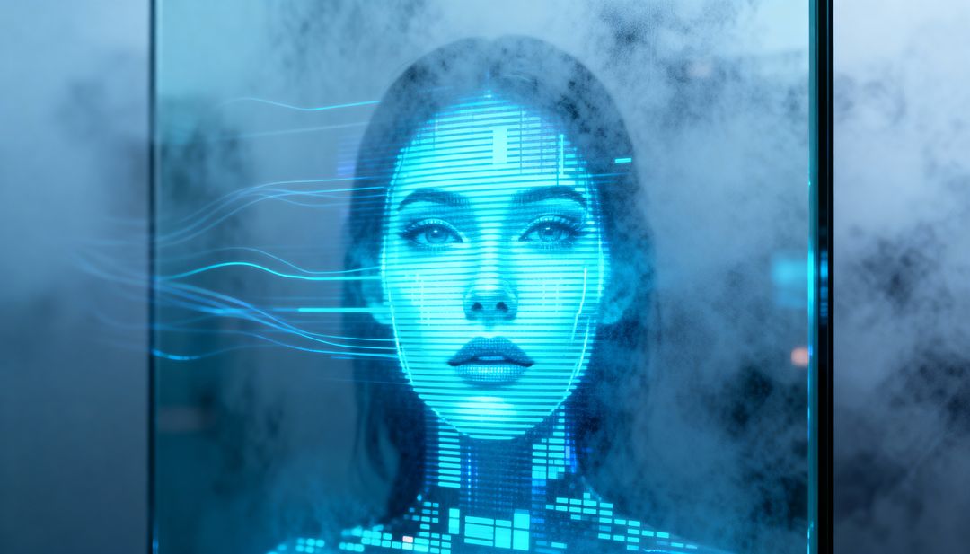 Glowing Holographic Female Avatar Displaying Digital Face and Data Streams