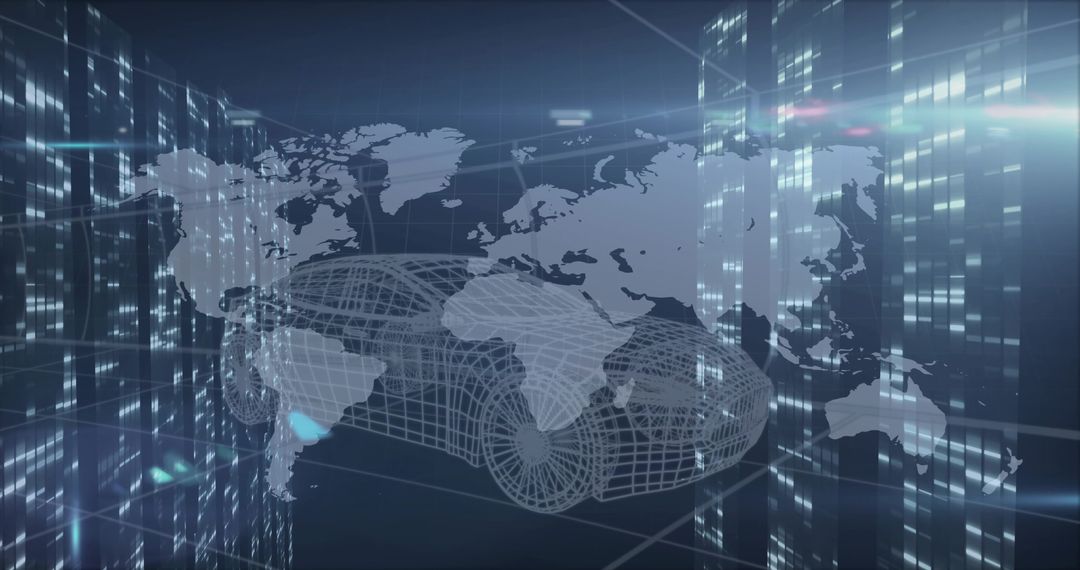 Futuristic 3D Wireframe Car Model with World Map Overlay
