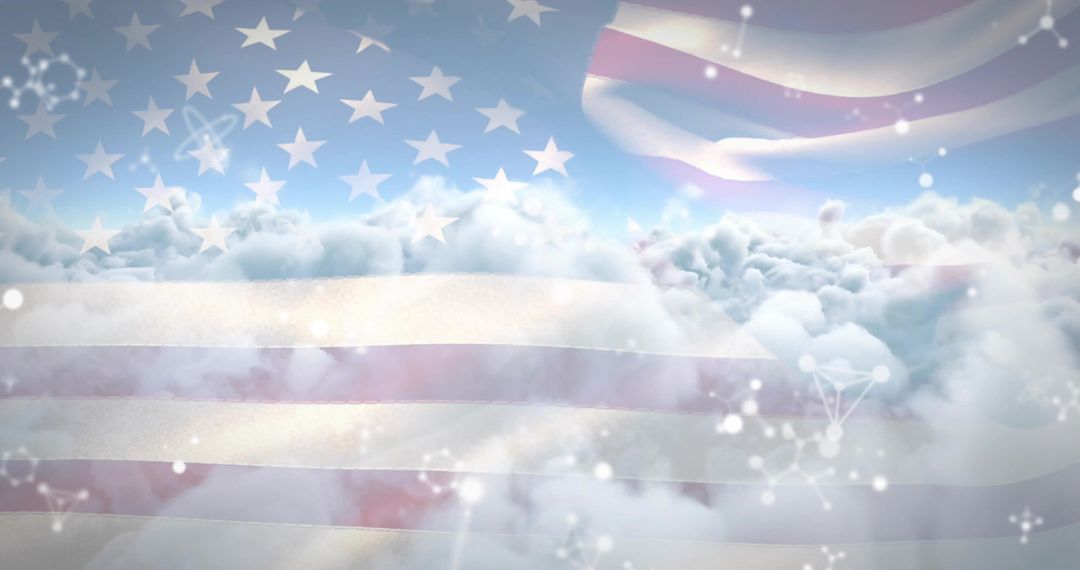 Abstract American Flag Overlay on Cloudscape with Glowing Particles