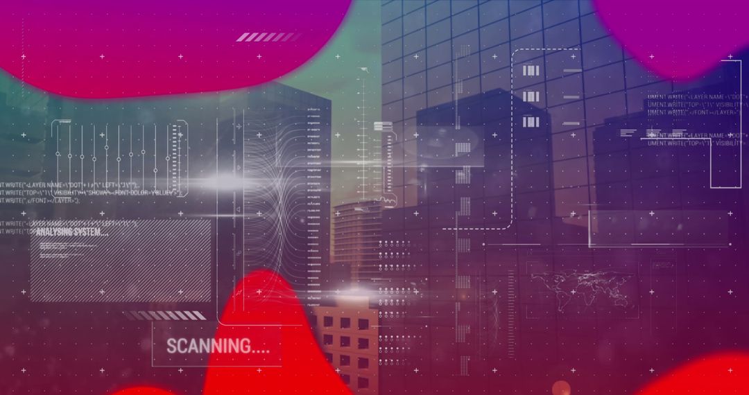 Futuristic Data Interface Overlaying City buildings with Abstract Patterns