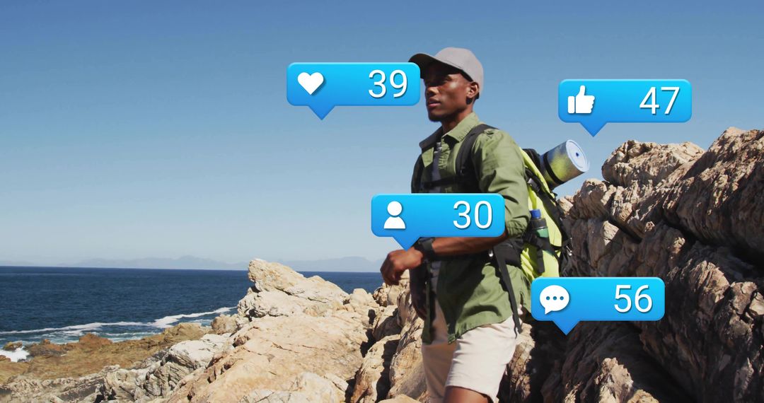 Explorer with Social Media Interaction Icons on Coastal Hike